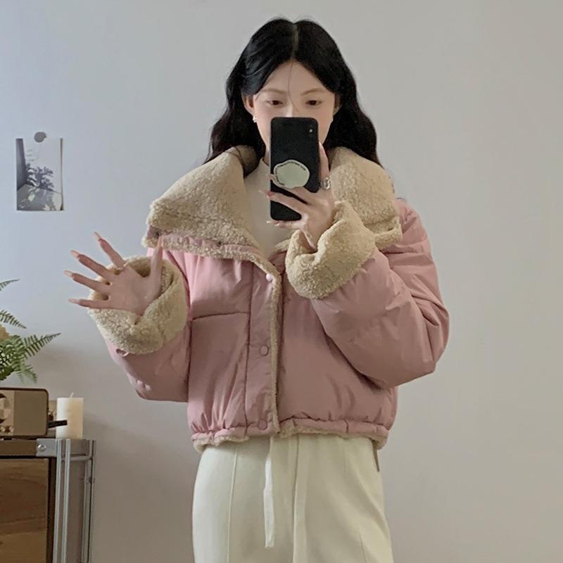 College style lapel jacket women's imitation lamb wool cotton clothes loose double-sided wear bread clothes and cotton-padded clothes outside winter