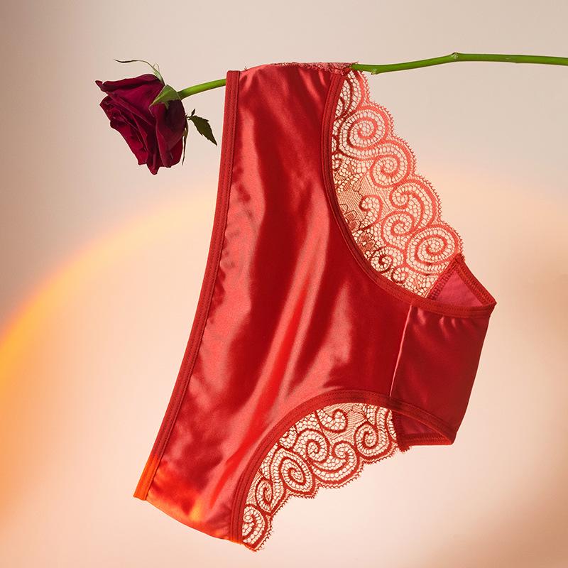 French Rose Lace Seamless Satin Panties – Women's Elegant Ice Silk Style