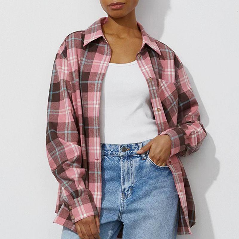 

Fashion Style Gingham Shirt Loose Easiest for Match Plaid Women s Shirt Loose Versatile Plaid Shirt Pink Brown Gingham M