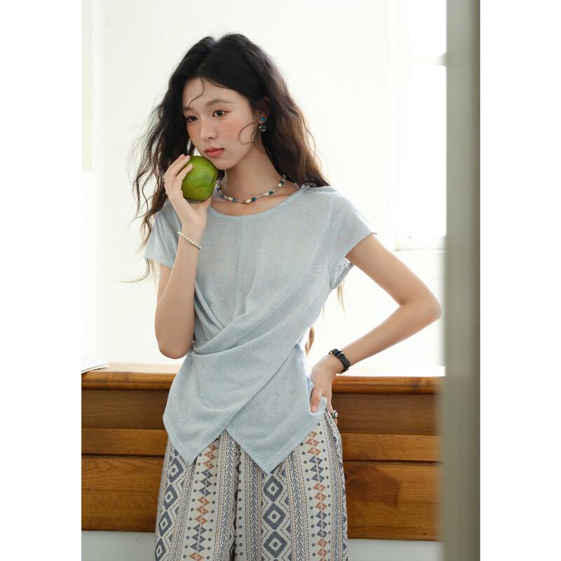 Misu Women's Retro Knit Irregular Hem T-Shirt