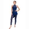 Damen Tanz Performance Jumpsuit Stehkragen Ärmellos Transparentes Mesh Patchwork Glänzende Strasssteine Unregelmäßiger Rock