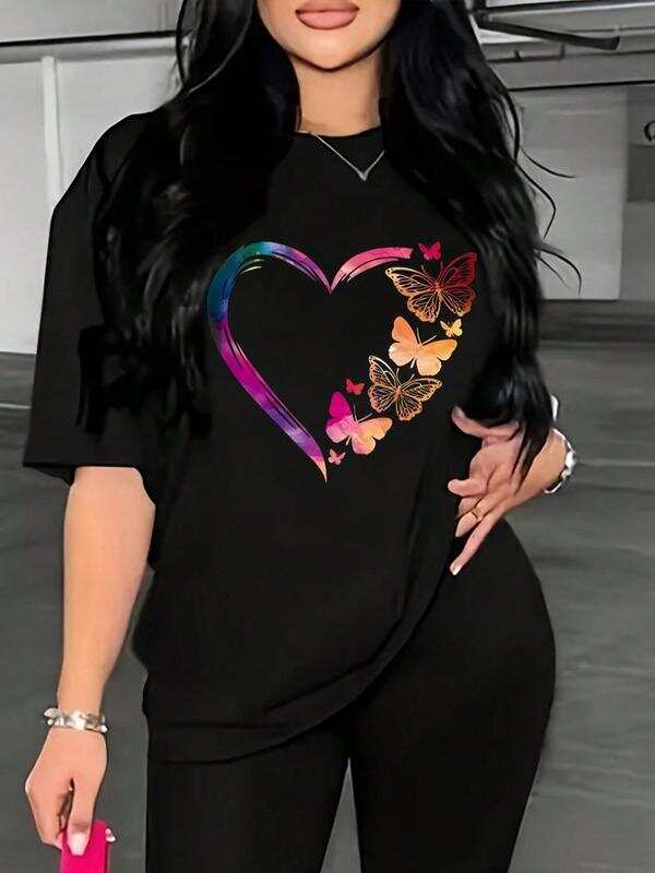 Unisex s Butterfly & Heart Print Drop Shoulder T-Shirt, M