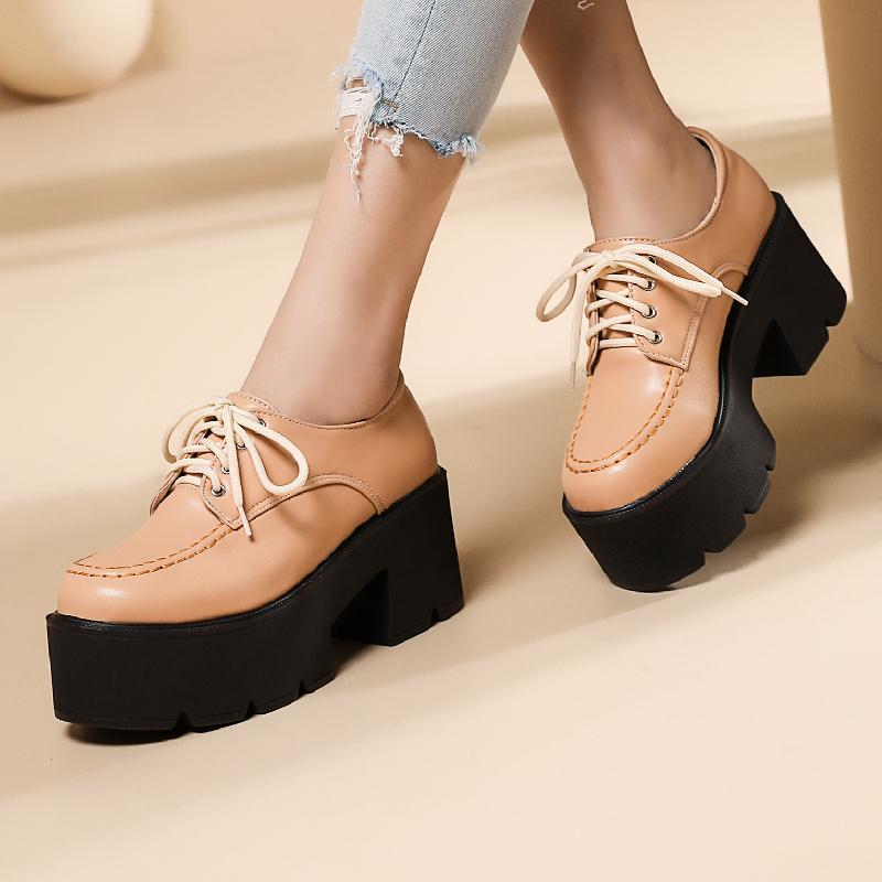 Fashion Punk High Heels Loafer Shoes Platform Elegant Round Toe Women's Pumps Lace Up Black Heeled Shoes Ladies Designer