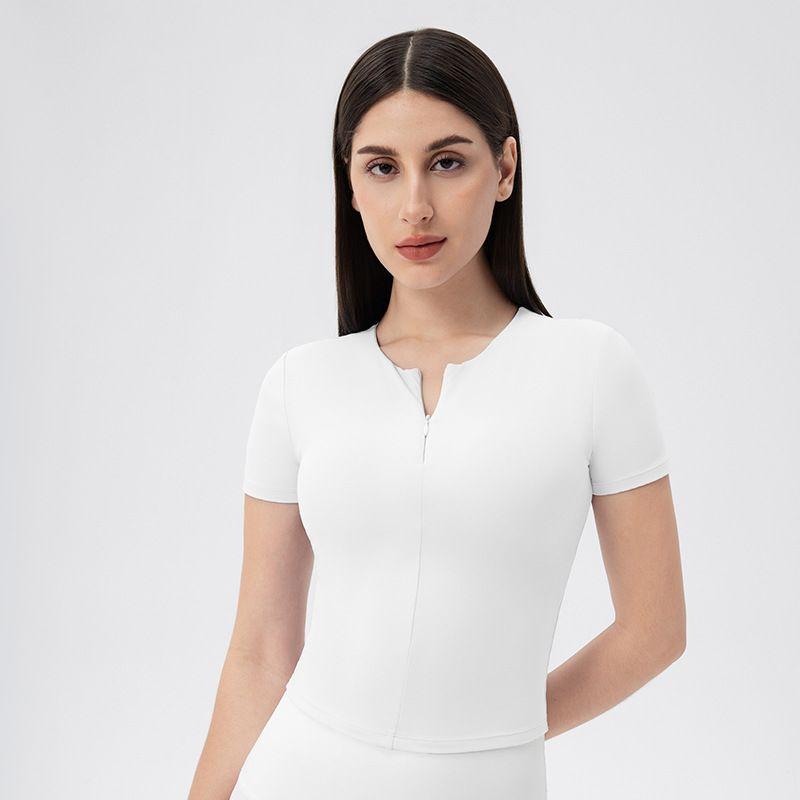 Foreign Trade Belt Chest Pad Yoga Clothes Short Sleeve Front Zipper Tight Fitness Top Nude Feel High Elastic Sports Running T-shirt Women