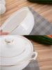 White Ceramic Double-Eared Soup Pot with Lid, Large Capacity Stew and Rice Bowl, Microwave Safe Steamed Egg Basin.