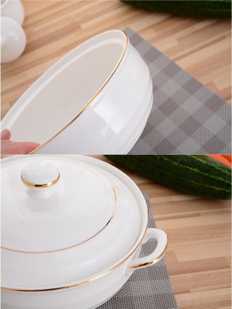 White Ceramic Double-Eared Soup Pot with Lid, Large Capacity Stew and Rice Bowl, Microwave Safe Steamed Egg Basin.