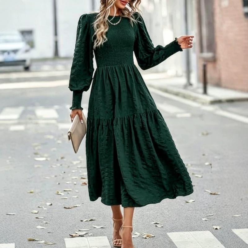 Women Autumn Midi Dress, Round Neck Puff Long Sleeve Dress, Smocked Bodice Tiered Ruffle Skirt, High Waist A‑Line Flowy Casual Elegant Ladies Dress