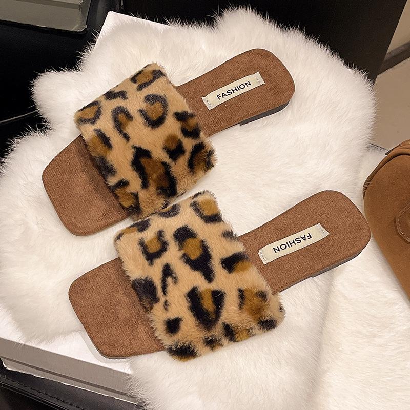 Wear fluffy slippers one-character plush lazy shoes spring and autumn casual square head low heel large size fluffy slippers