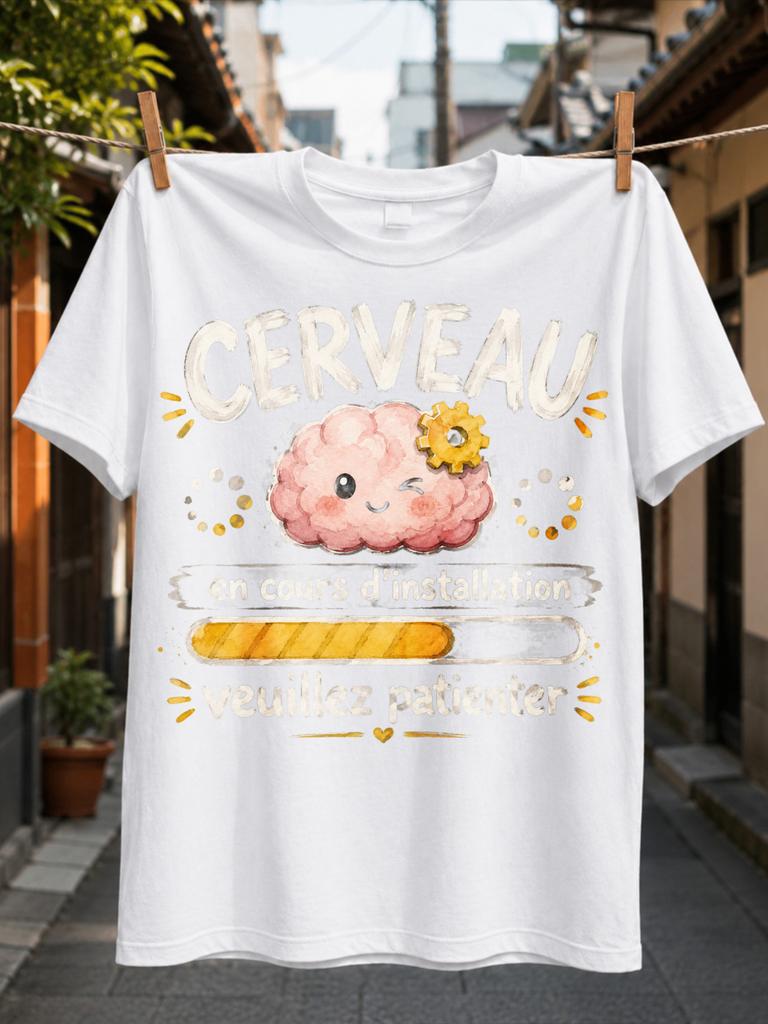 Brain Installing Please Wait Smiling Pink Brain Gear Loading Bar And French Text Cute Watercolor Unisex All TShirt