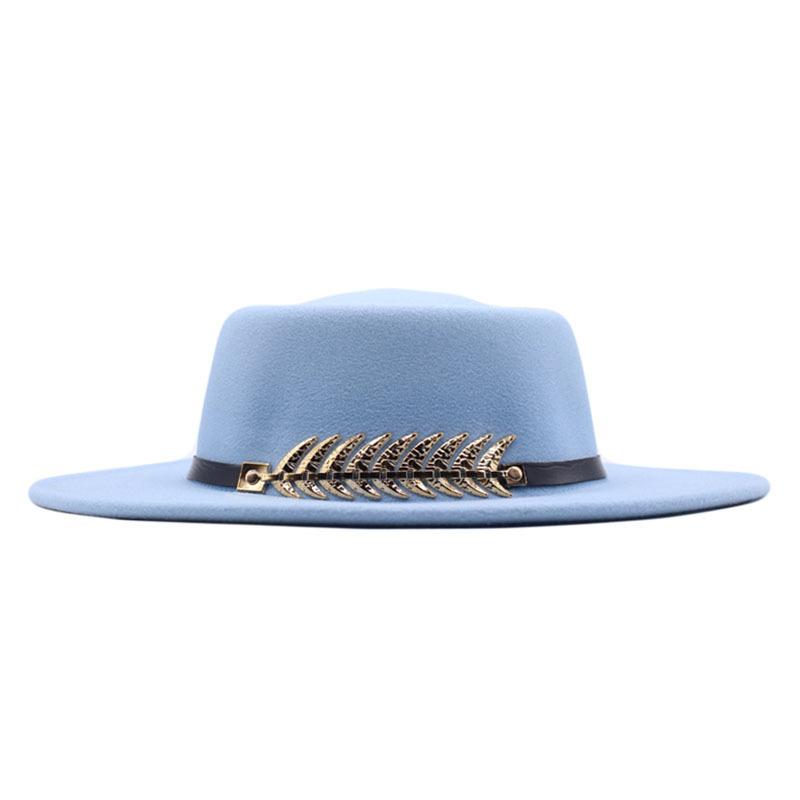 Autumn and winter new women's flat top wide brimmed hat imitation wool top hat felt hat fishbone metal buckle concave shape multi-color