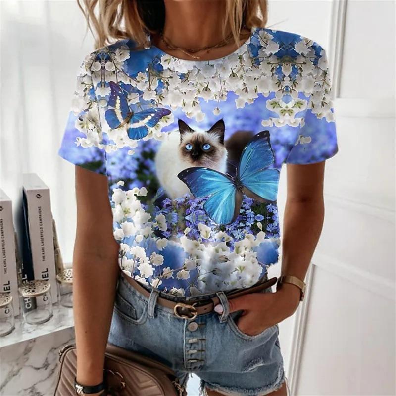 Cartoon Cat T-shirt Cute Cat Animal 3D Printed Women's Short Sleeves