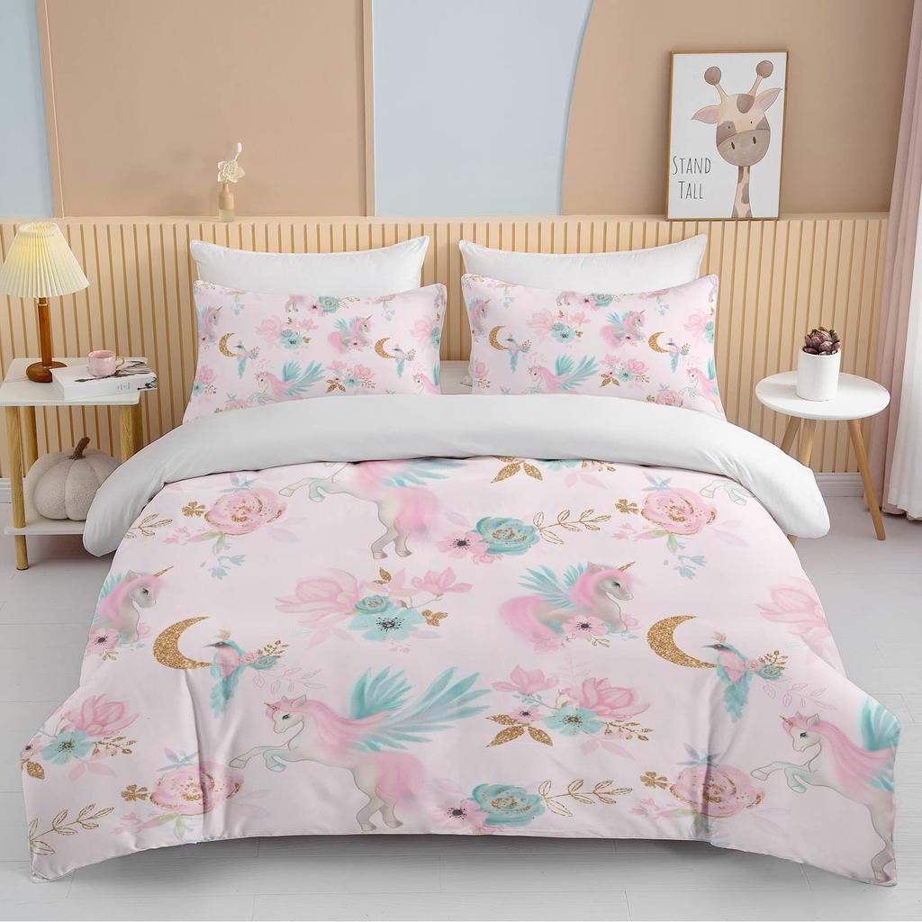 Unicorn Duvet Cover Set Purple Aqua Unicorn Bedding Set Full Size Rose Unicorn Flower Dreamy Cartoon Sparkle Lilac Bedspread