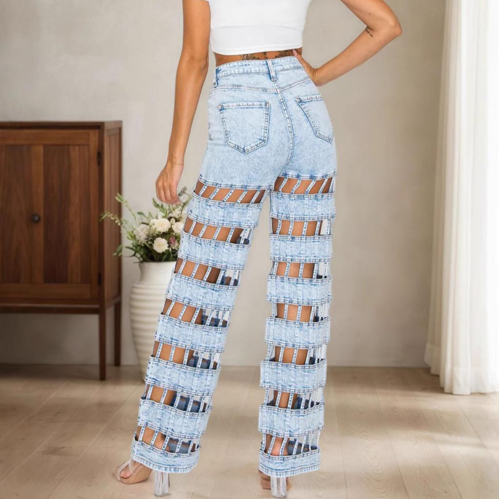 Women's Casual Fashion Hollow Out Denim Jeans Long Pants with High Waist and Straight Leg Cut for Everyday Wear and Street Style