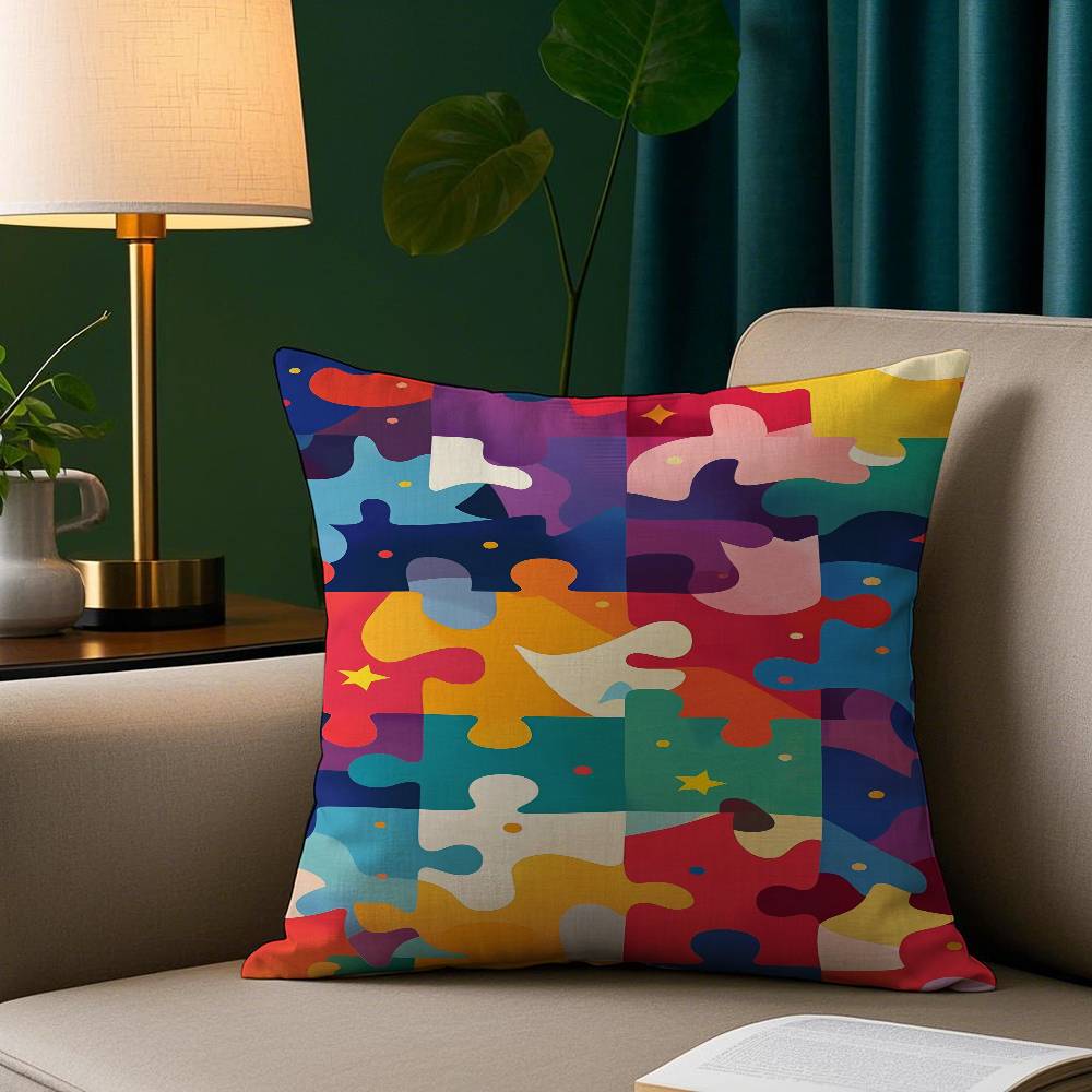Cute Jigsaw Puzzle Pillow Case Plush Fabric Soft Pillowcase Double Sided Print Sofa Cushion Cover Throw