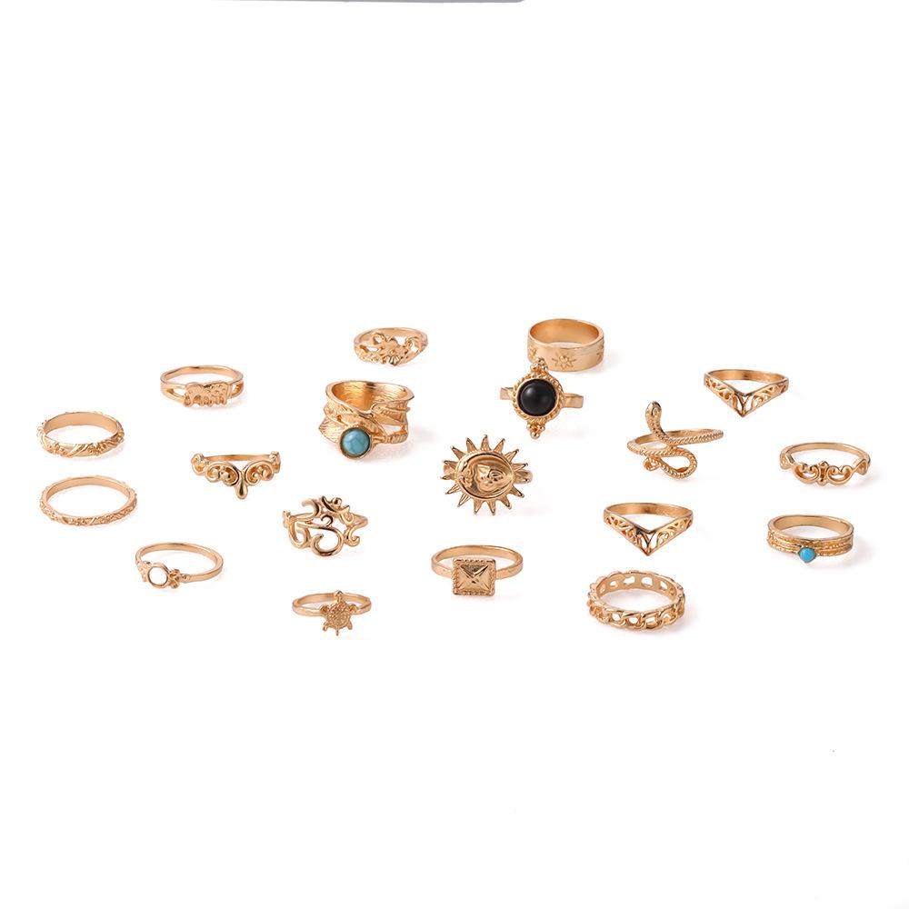 Cross-border Turquoise Ring Set Snake-shaped Turtle Fashion Black Hollow Elephant Combination 19-piece Set for Women