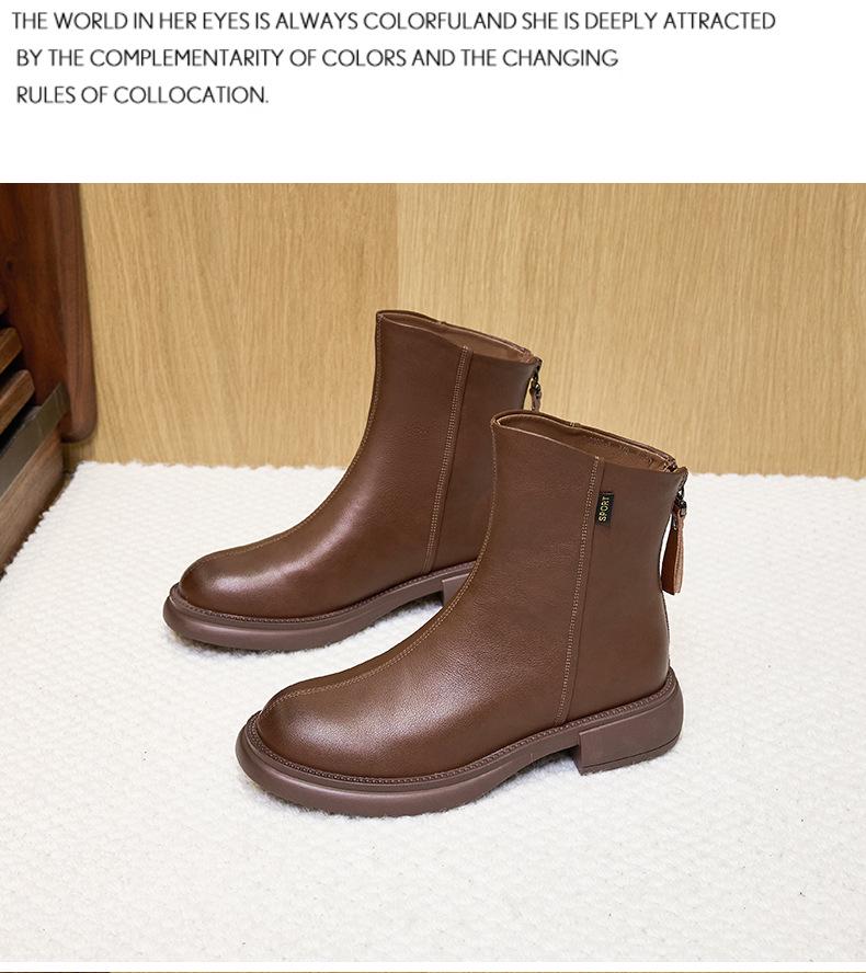 Women's Vintage Korean Style Mid-Calf Leather Martin Boots, Autumn/Winter Collection, Plus Size, Back Zipper, Casual Slimming Design.