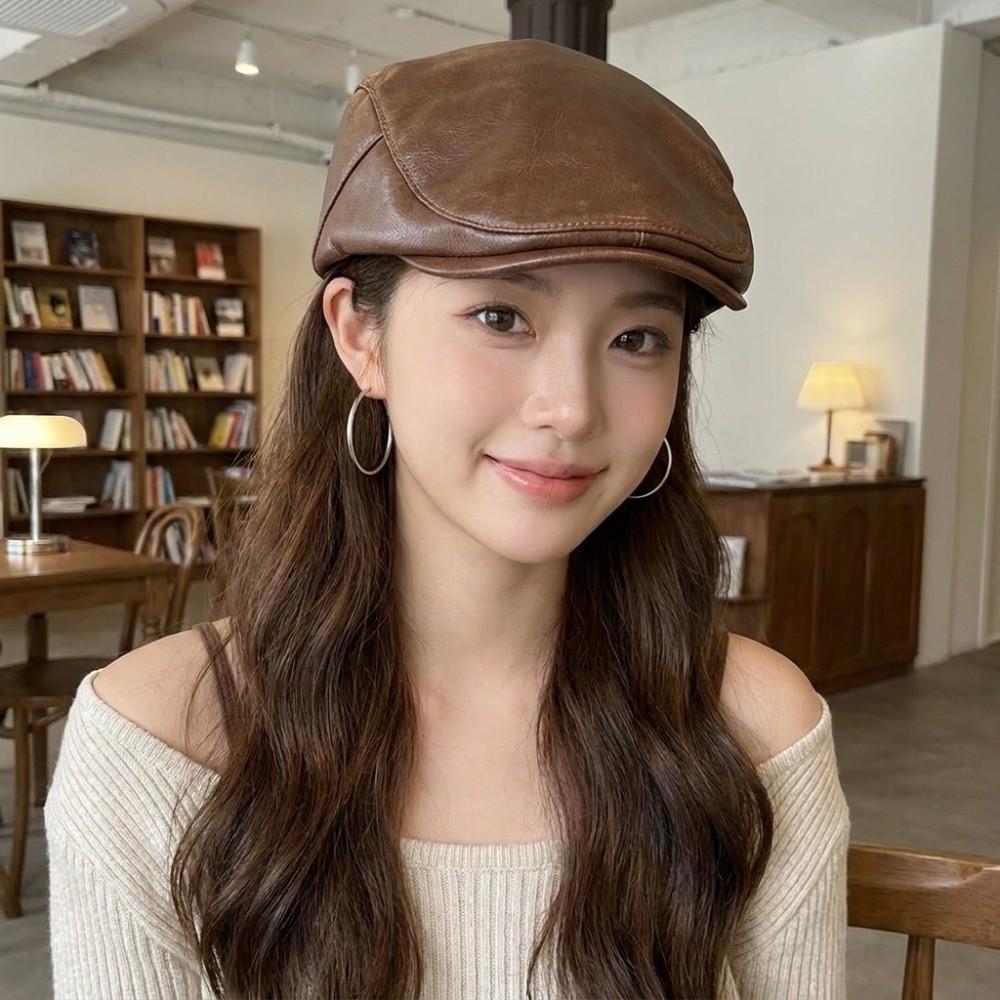 Gothic Y2k Berets Hat Harajuku Painter Hat Casual PU Leather Berets Hat Women