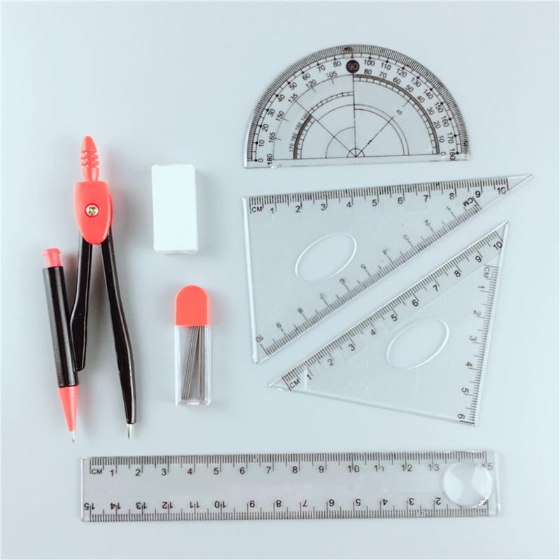 7pcs/set Simple Solid Geometry Protractor Drawing School Eraser Compasses Collection Math Eraser Ruler for Students School Stationery
