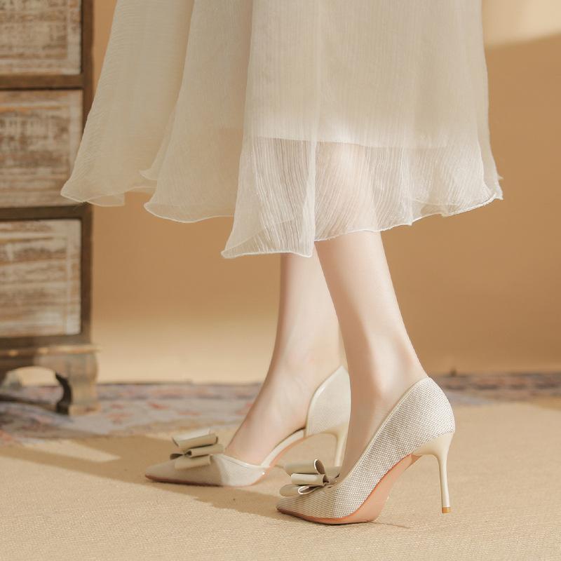 83318 [sheepskin] side empty high heels women's thin heels 2025 spring new pointed temperament bow single shoes