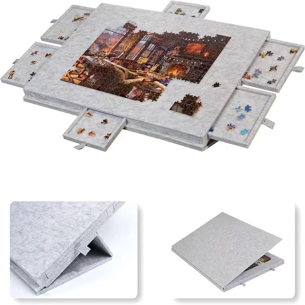 Children's Foldable Puzzle Table with Stand, Cover, and 6 Drawers - Soundproof Felt Board