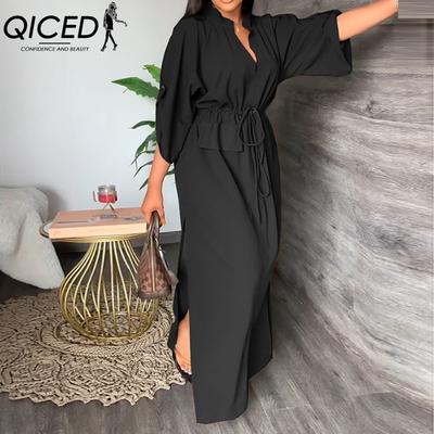 Frühlings-Damenbekleidung mit 3/4-Ärmeln bietet ein elegantes und modisches einfarbiges langes Kleid mit hoher Taille für Damen