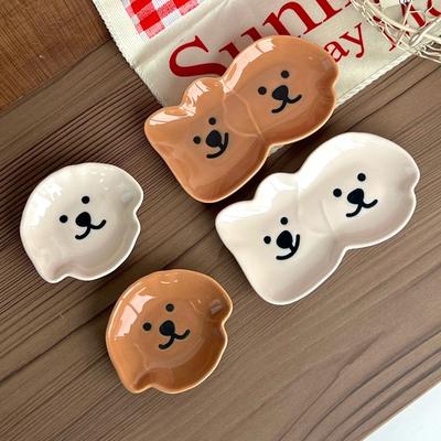 Adorable Ceramic Sauce Dish with Cute Dog & Bear Design - Single/Double Compartment Dip Bowl for Condiments, Snacks, Sushi, Soy