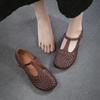 Johnature Genuine Leather Woven Shallow Mary Jane Shoes Retro Low Heeled Women's Shoes