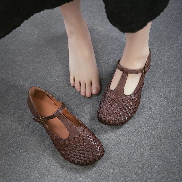 Johnature Genuine Leather Woven Shallow Mary Jane Shoes Retro Low Heeled Women's Shoes
