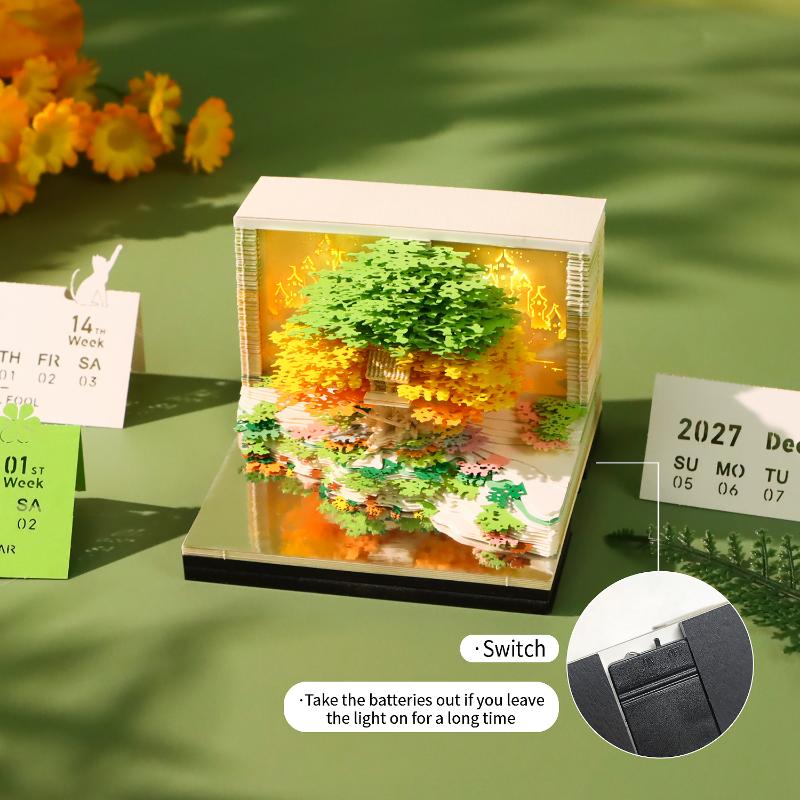 Time Piece Calendar 2027 Desk Calendar With Led Light 3D Tear-Away Calendar Paper Carving Art Memo Pad Notepad Desktop Decor
