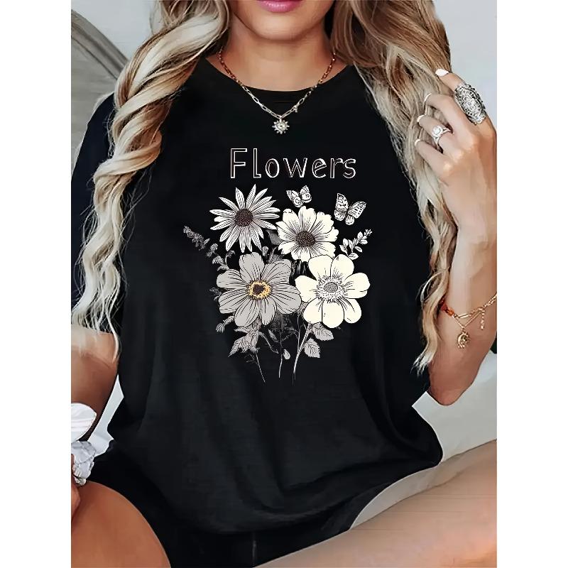 

European Size Women s Floral Graphic Print T-Shirt Soft Polyester Crew Neck Short Sleeve Top, Casual Summer & Spring Tee with Daisy & Butterfly Design 4XL