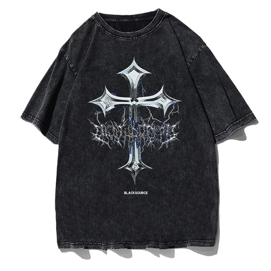 

Black Source Mens Graphic T-Shirt Acid Wash T Shirt Summer Vintage Unisex High Street Cross Pattern 3XL