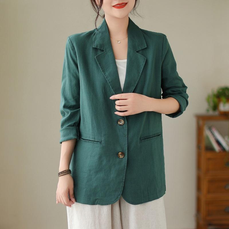Frühlingsblazer mit langen Ärmeln aus Baumwolle und Leinen für Damen, lässiger Leinenblazer für Damenoberbekleidung