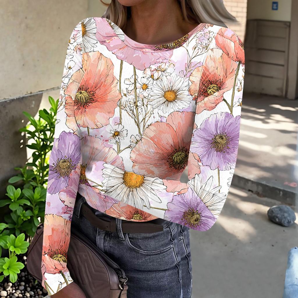 Women's Casual Ribbed Long Sleeve Top Floral Print Crew Neck Stretchy Slim Fit Lightweight Shirt for Everyday Wear