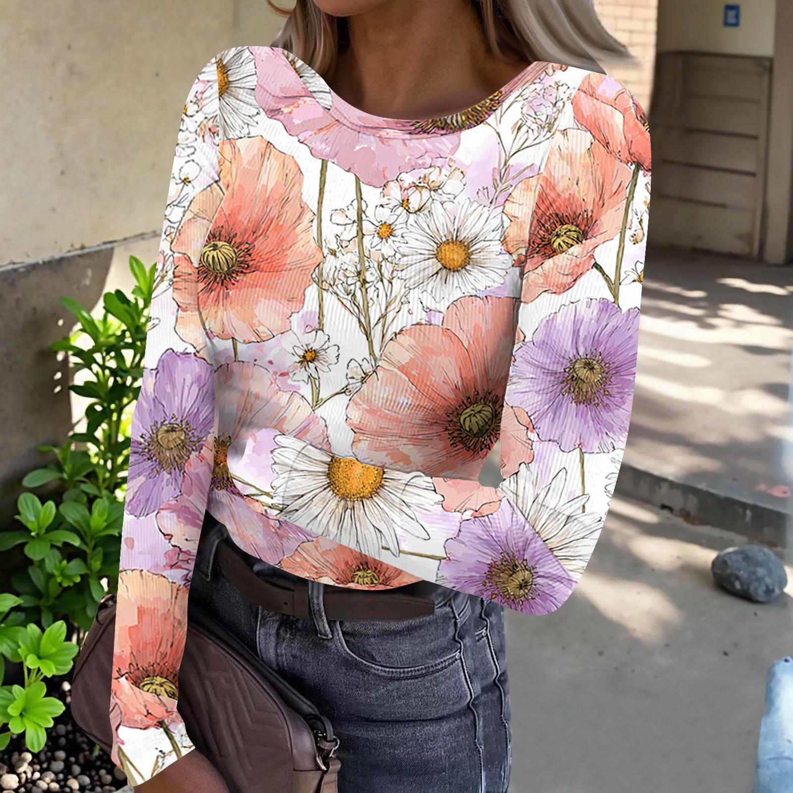 

Women’s Casual Fashion Round Neck Floral Print Long Sleeve Ribbed Top Suitable for Daily Wear and Relaxed Occasions XL розовый