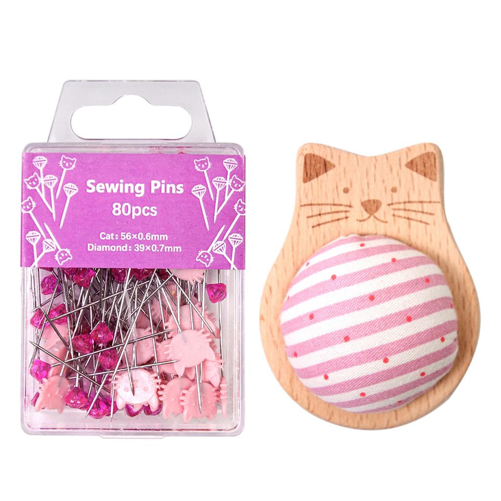 Wood Pin Cushion with 80 Straight Sewing Pin for Dressmaking Needlework Sewing Quilting Positioning Pin with Pin Holder