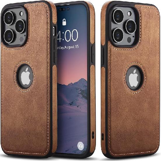 Unique Design Luxury Leather Business Phone Case for iPhone 14 Pro Anti-Slip Scratch Resistant Ultra Slim Protective Case (2022,6.1”) (Brown)