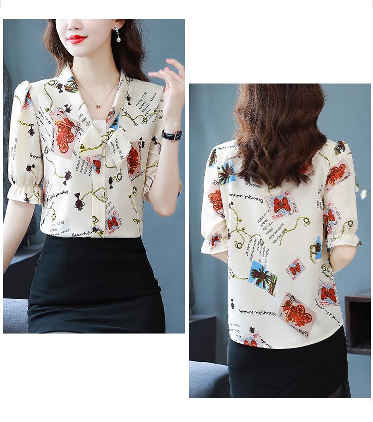 Eleganckie koszule damskie Letnia moda Uniwersalna bluzka z nadrukiem w serek Kobiecy temperament Marszczona koszula z krótkim rękawem z szyfonu Popularna
