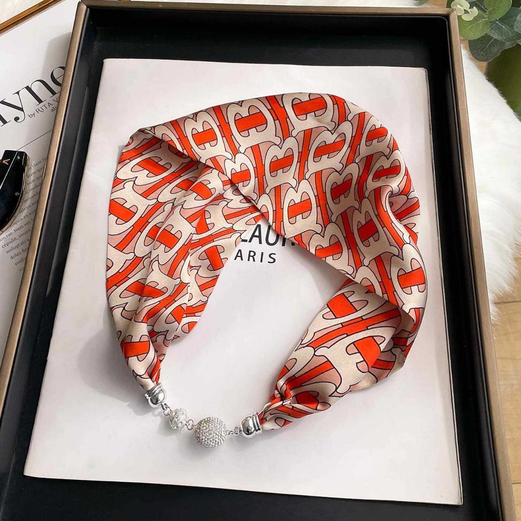 Magnetic Buckle Silk Scarf Headband Internet Celebrity New Magnetic Buckle Bracelet Small Long Women's Summer Casual Necklace Diamond Neck Band