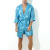 Satin-effect Robe Long Slit Turquoise Blue - MenSexyWear - Sexy T-shirt
