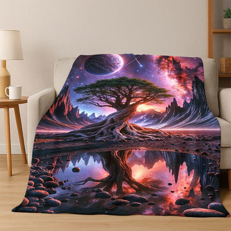 Tree of Life Nordic Mythology Yggdrasil Nature Cartoon Flannel Blanket Soft Throw Blanket for Bedroom Living Room Bed Travel Kid