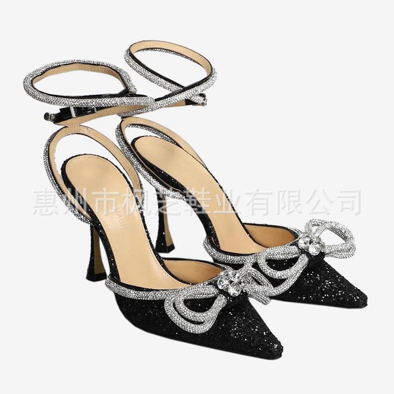 European and American high heels 2025 new bow women's shoes rhinestone pointed single shoes straps thin heel super high heel