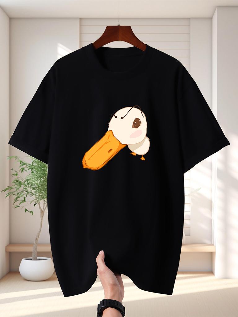Unisex Red Tee Cute Little White Duck Cartoon Head Graphic Print Crew Neck Short Sleeve Summer Casual Male Cotton Street Daily Top