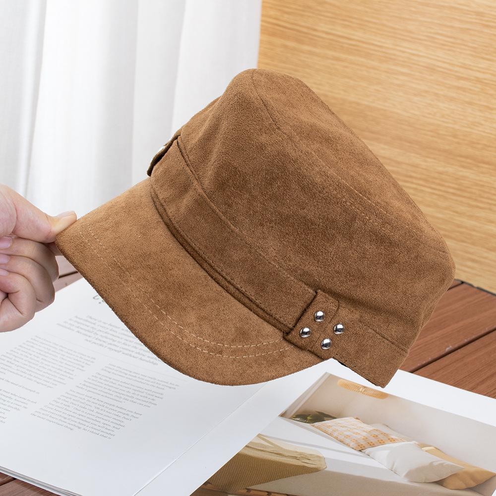 Retro Suede Big Head Circumference Flat Top Cap Women's Autumn and Winter Fashion Rivet Versatile Face Small Equestrian Hat