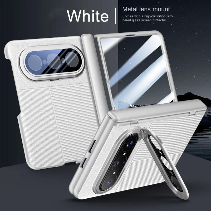 Leather Spring Hinged Lens Camera Holder Stand Case For Huawei Pura X Max With Screen Tempered Glass Protector Cover