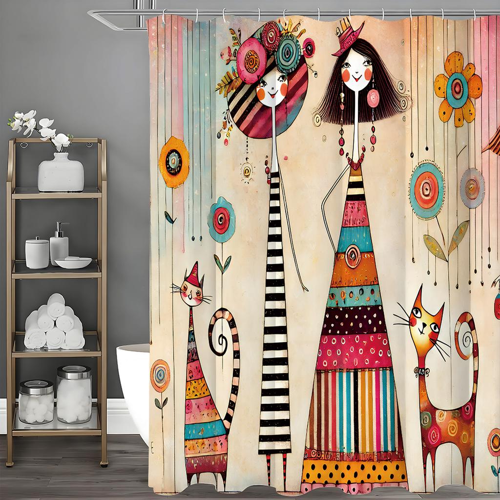 Cartoon Cute Girl Cat Flower and Grass Shower Curtain, Bathroom Decorative Shower Curtain, Waterproof Shower Curtain with Hooks