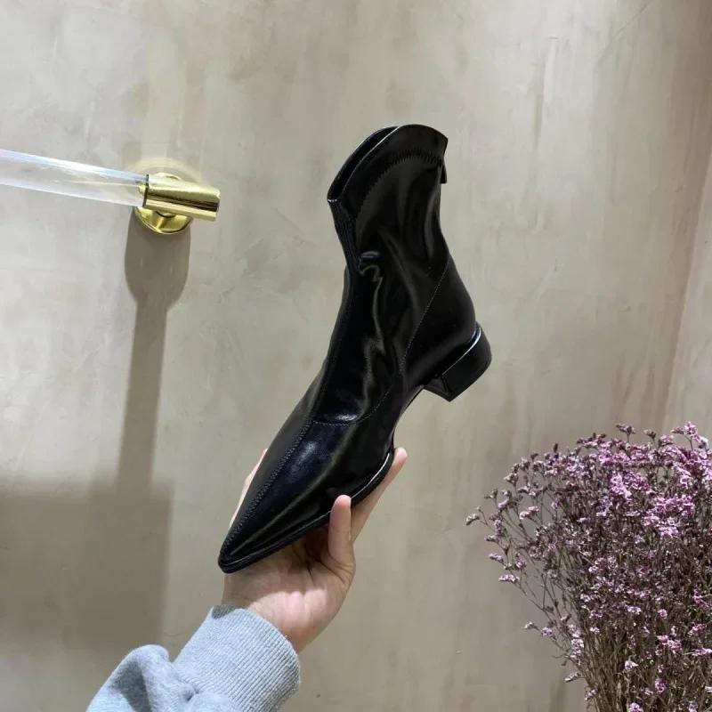 Black Slimming Pointed Toe Flat Bottom Short Boots Women Spring Autumn Low Heel PU Leather Booties Fashionable And Comfortable 35 чёрный