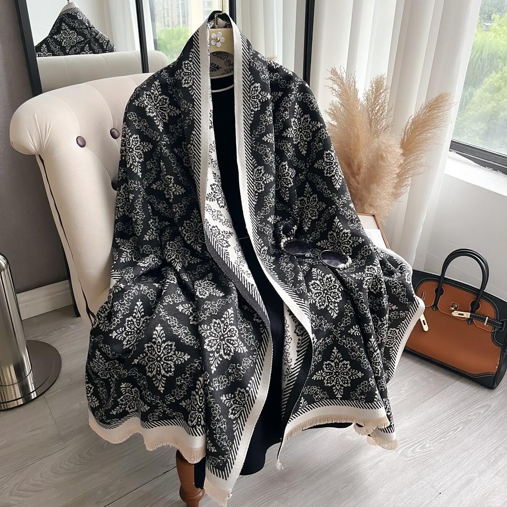 Luxury  Two-Sided Ethnic Style Scarf Pashmina Cashmere Soft Warm Fringe Pashmina Shawl Winter Coldproof Windproof Blanket