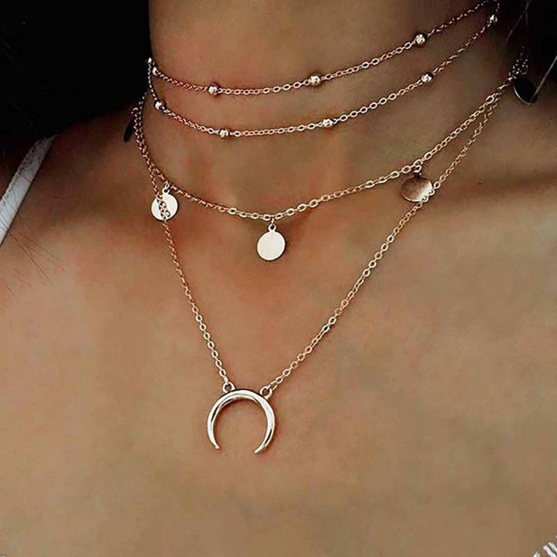Fashion Women's Neck Chain Trendy Street Shot, Multi-layer Round Bead Chain Sequined Moon Pendant Necklace