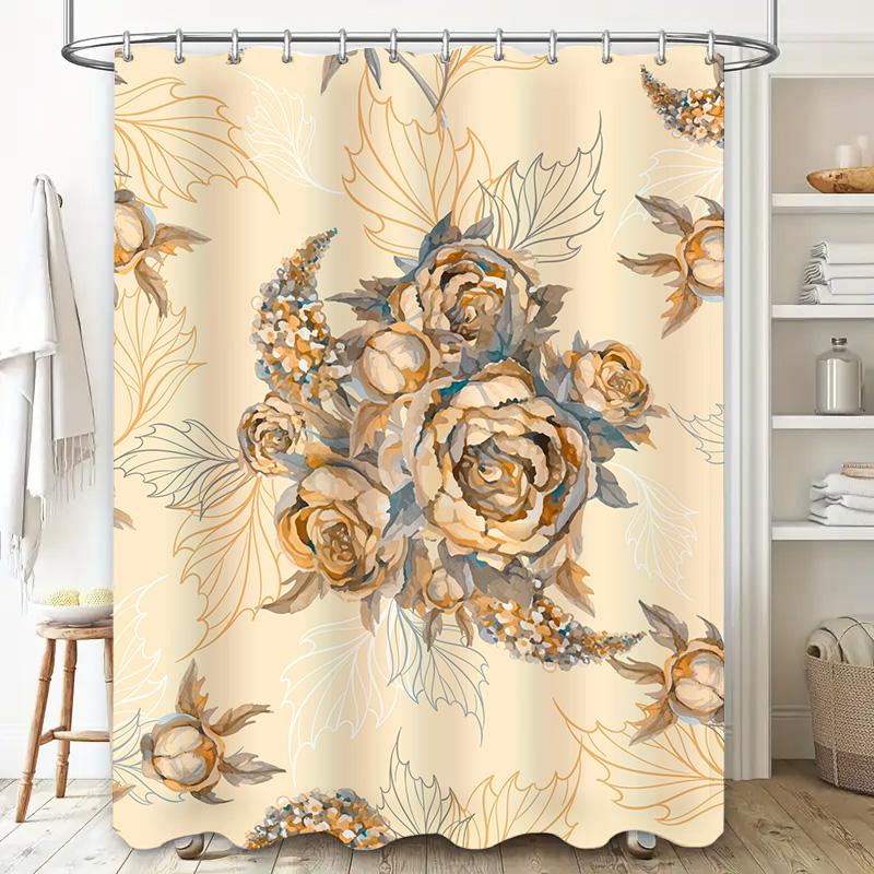 Floral Shower CurtainVintage Style Bath Decor with Autumn Leaves Design for Bathroom Decoration Beige Blue Floral Print Waterpro