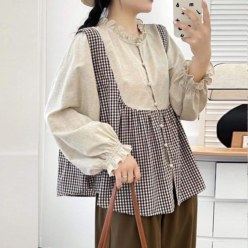 Johnature Japanese Fungus Trim Collar Plaid Shirt Casual Vintage Long Sleeve Stitched Retro Loose Shirt Women